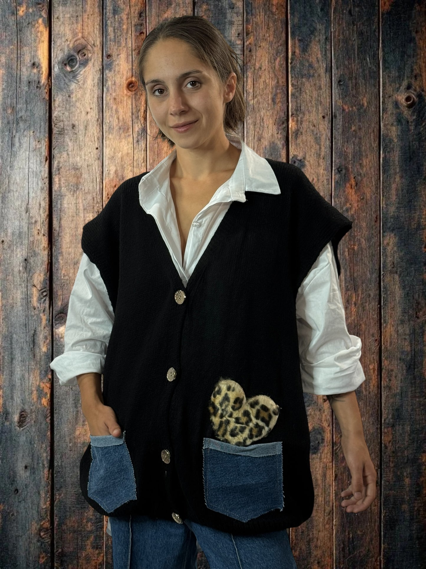 GIANNI - GILET NOIR SANS MANCHE POCHES EN JEAN JUSQU'A LA TAILLE 52