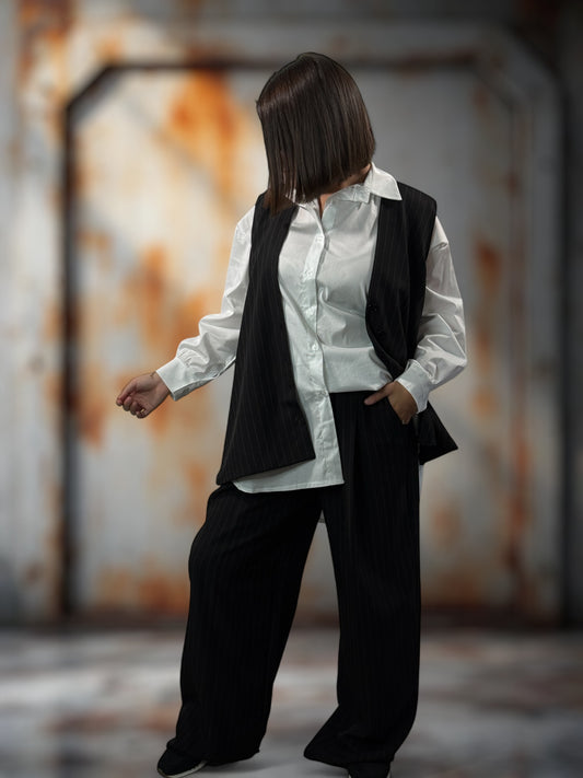 YANOU - PANTALON NOIR A RAYURE JUSQU'A LA TAILLE 48