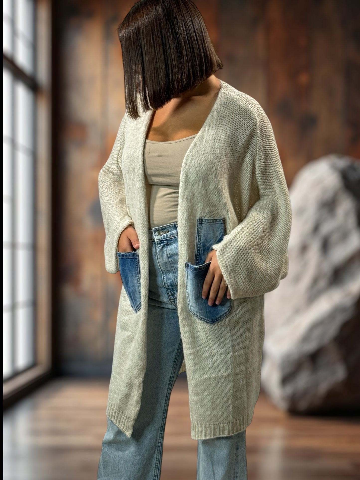 SANTANA - GILET OVERSIZE BEIGE POCHES EN JEAN JUSQU'A LA TAILLE 52