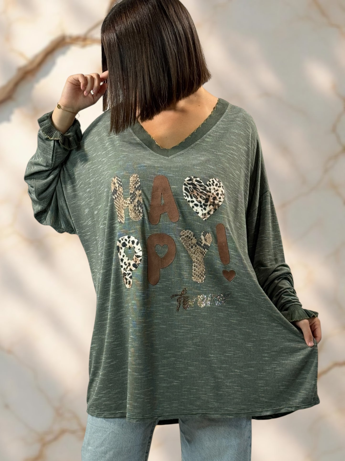 HELLO - PULL KAKI EN MAILLE LOGO HAPPY JUSQU'A LA TAILLE 54
