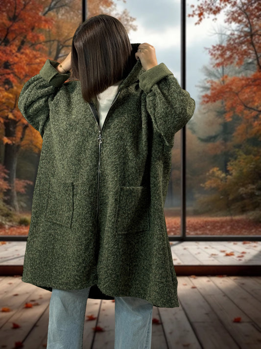 OCEANE - VESTE OVERSIZE KAKI A CAPUCHE JUSQU'A LA TAILLE 54/56