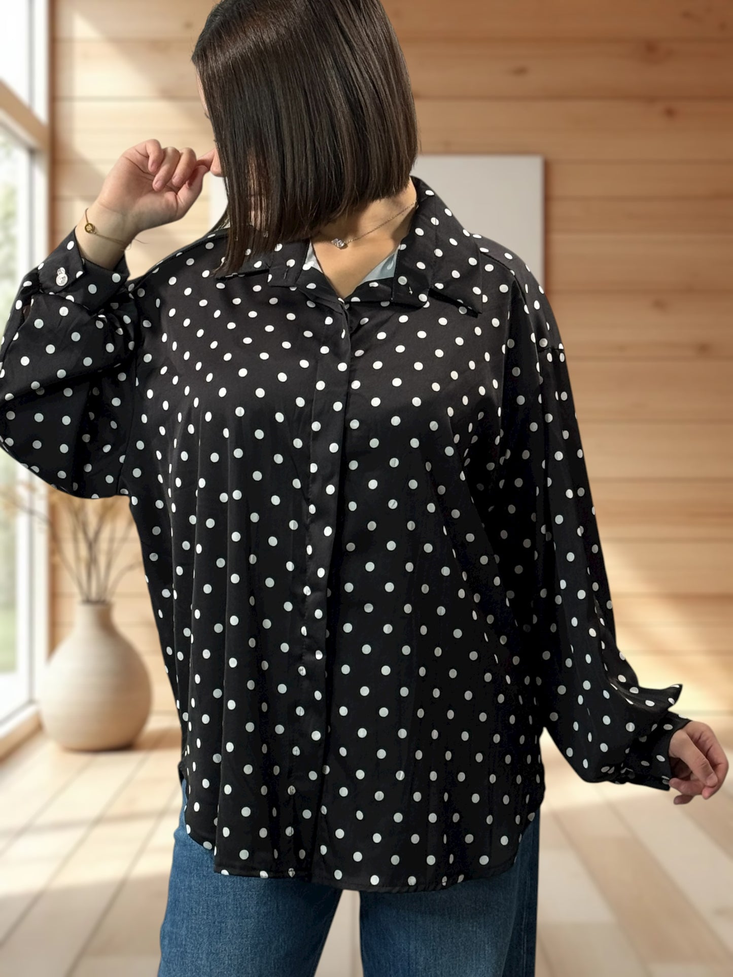 ROSAS - CHEMISE OVERSIZE NOIRE A POIS JUSQU'A LA TAILLE 54