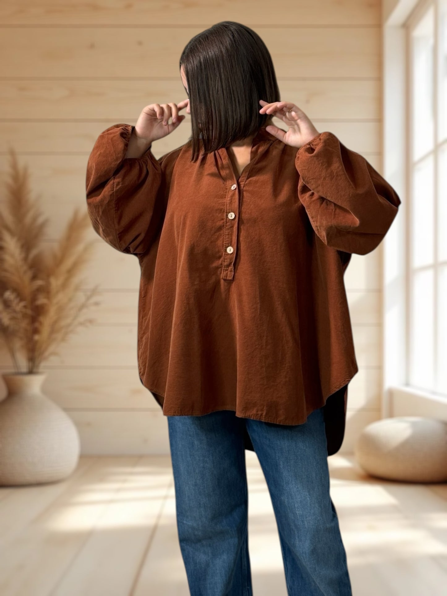 ALICIA - BLOUSE ROUILLE EN VELOURS MILLERAIES OVERSIZE JUSQU'A LA TAILLE 56