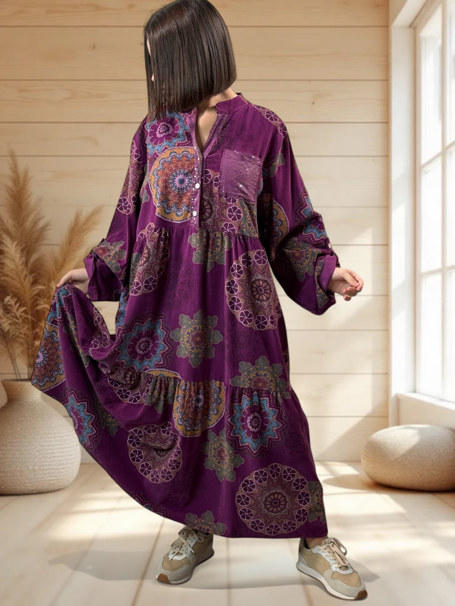 VANINA - ROBE CYCLAMEN A MOTIF EN VELOURS JUSQU'A LA TAILLE 52