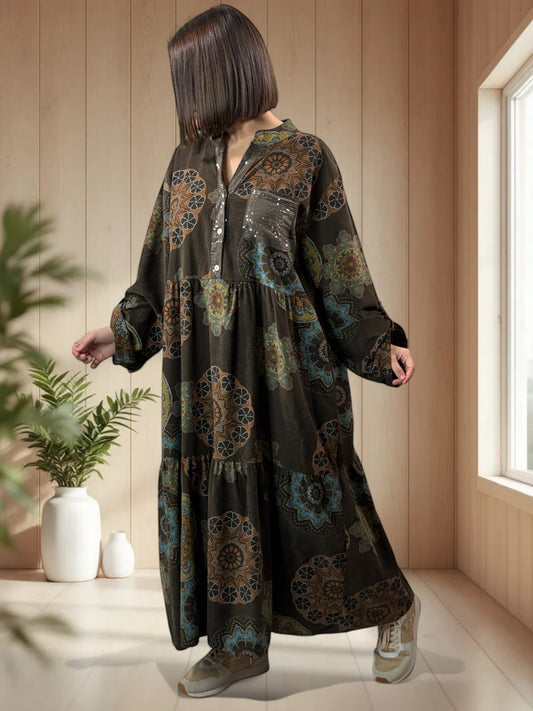 VANINA - ROBE MARRON A MOTIF EN VELOURS JUSQU'A LA TAILLE 52