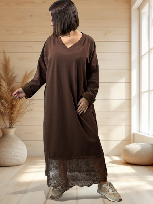 NATALIA - ROBE MARRON AVEC DENTELLE JUSQU'A LA TAILLE 54