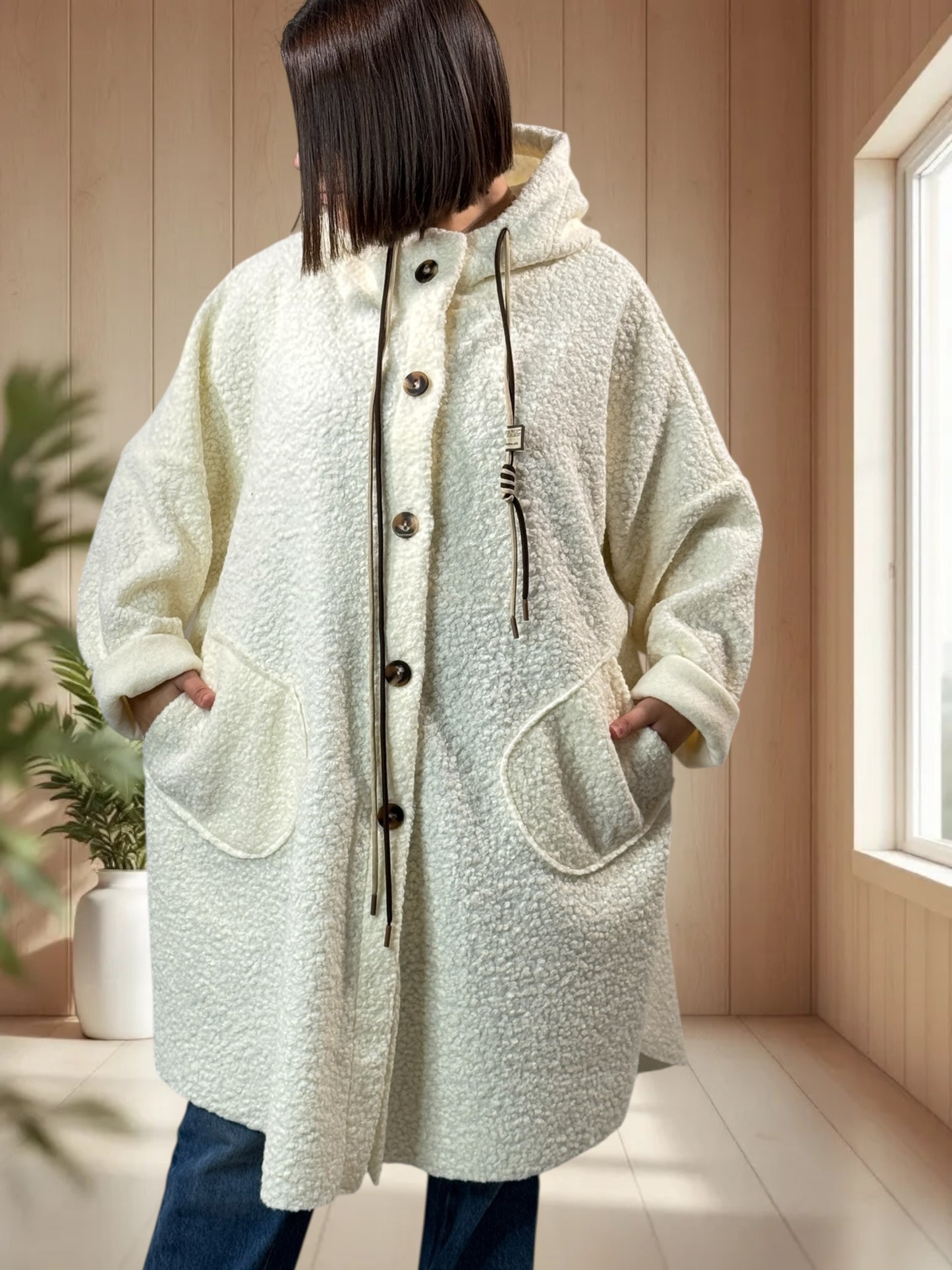 CAPRICE - VESTE OVERSIZE BLANC CASSE A CAPUCHE JUSQU'A LA TAILLE 54