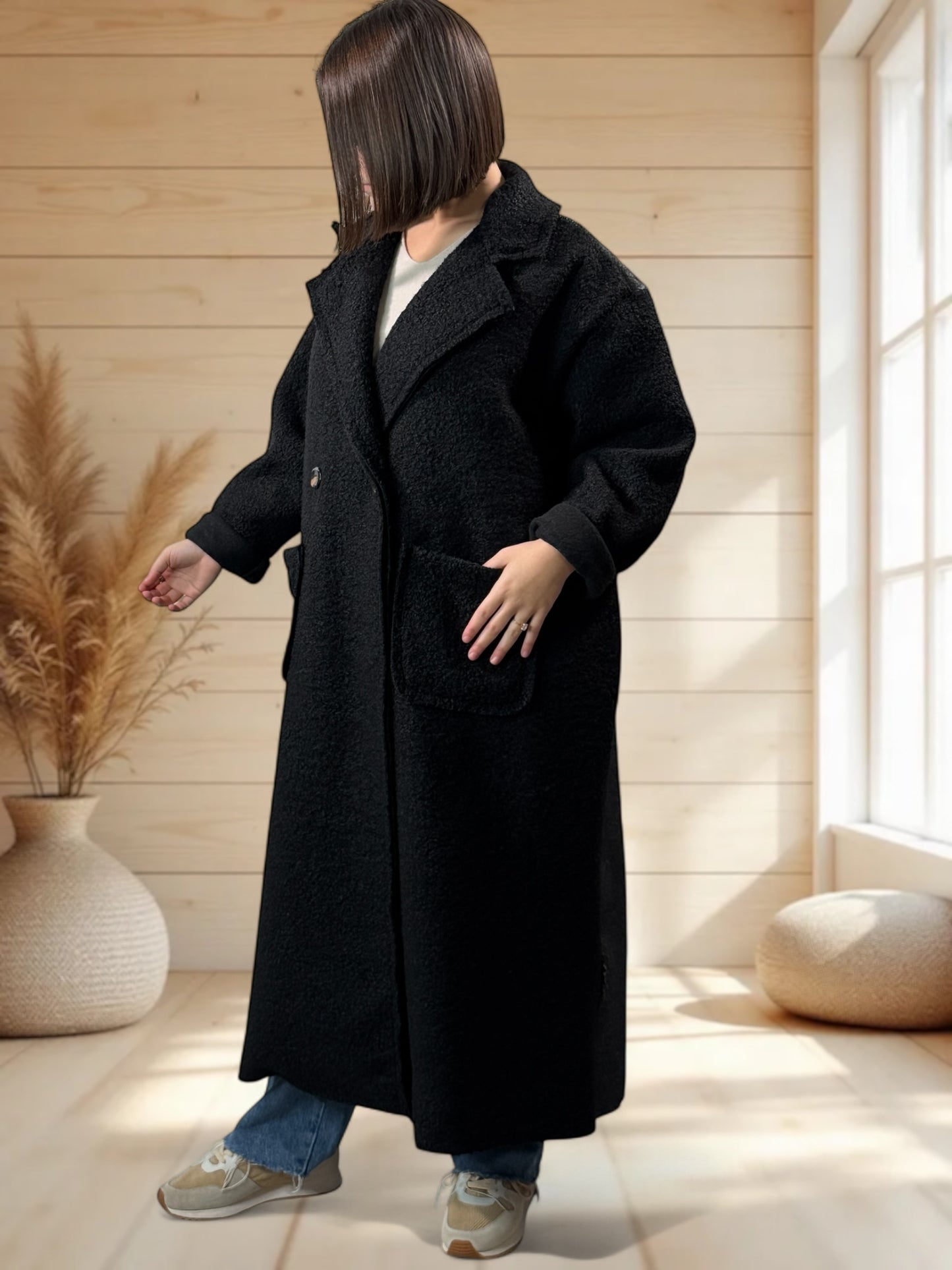 SYLVIO - LONG MANTEAU NOIR JUSQU'A LA TAILLE 54