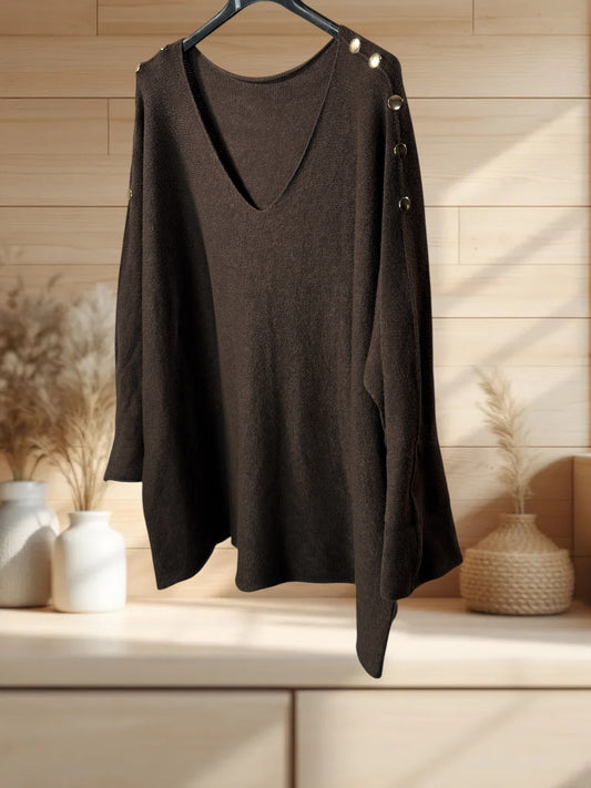 DONNA - PULL OVERSIZE MARRON AVEC BOUTONS DORES JUSQU'A LA TAILLE 52