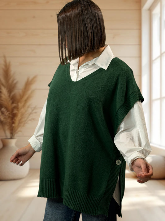 AURELIE - PULL VERT BOUTEILLE SANS MANCHES JUSQU'A LA TAILLE 52