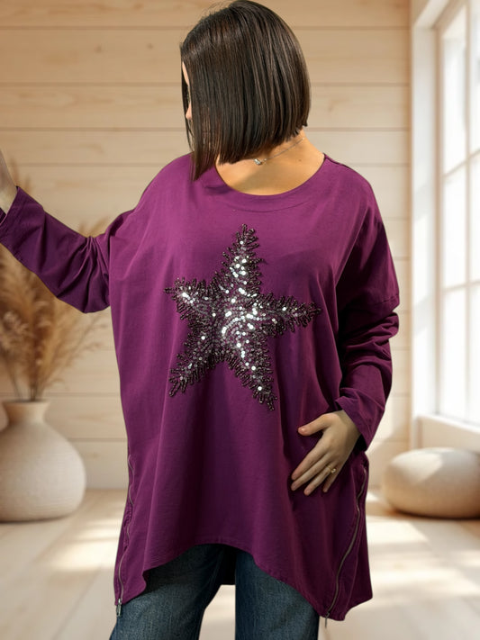 TONY - SWEAT OVERSIZE CYCLAMEN ETOILE EN SEQUINS JUSQU'A LA TAILLE 56