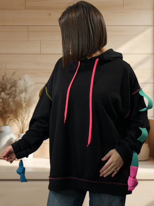 MAXENCE - SWEAT A CAPUCHE OVERSIZE NOIR JUSQU'A LA TAILLE 54