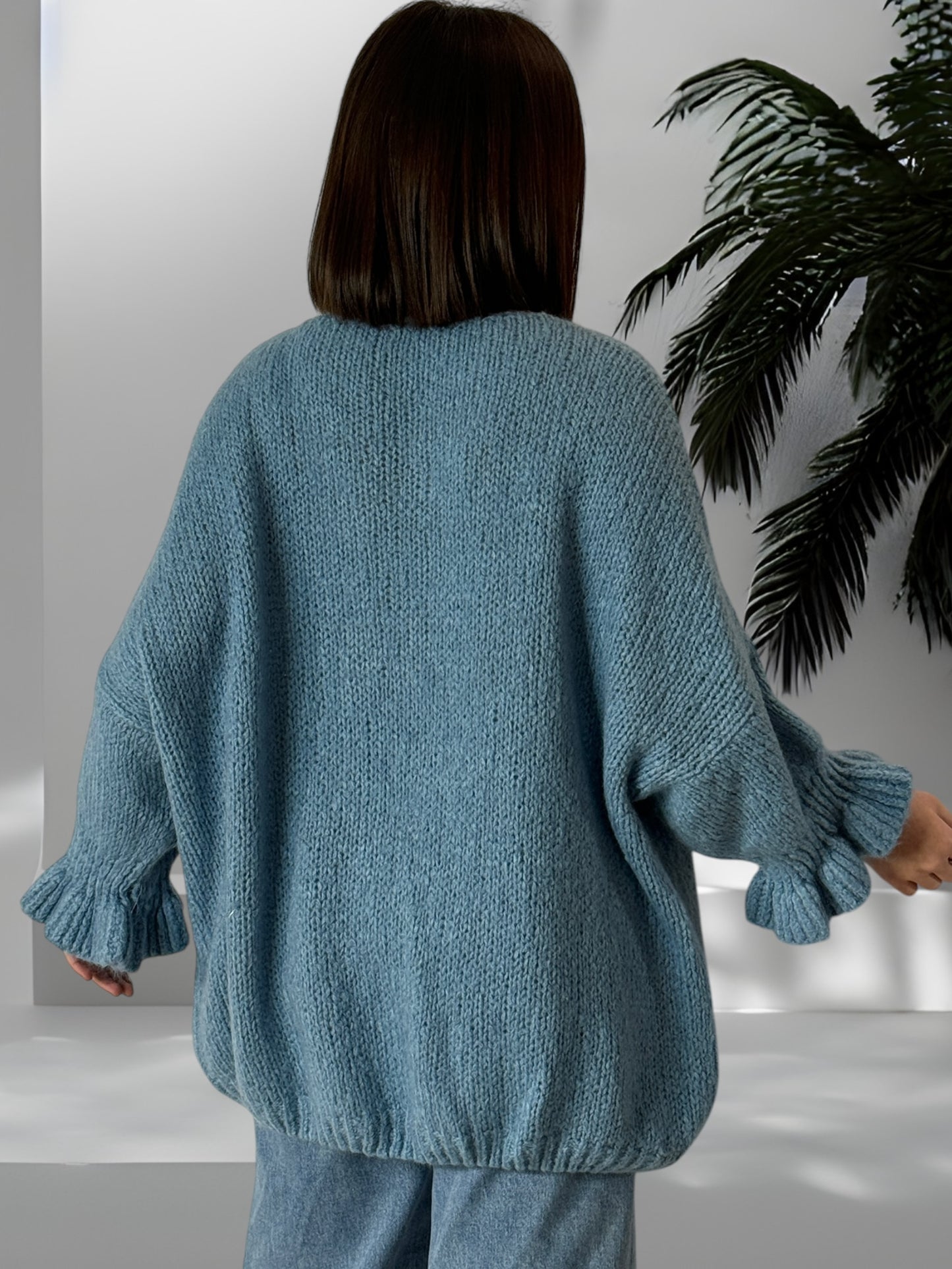 BERENGERE - GILET OVERSIZE BLEU AVEC NOEUDS JUSQU'A LA TAILLE 52/54