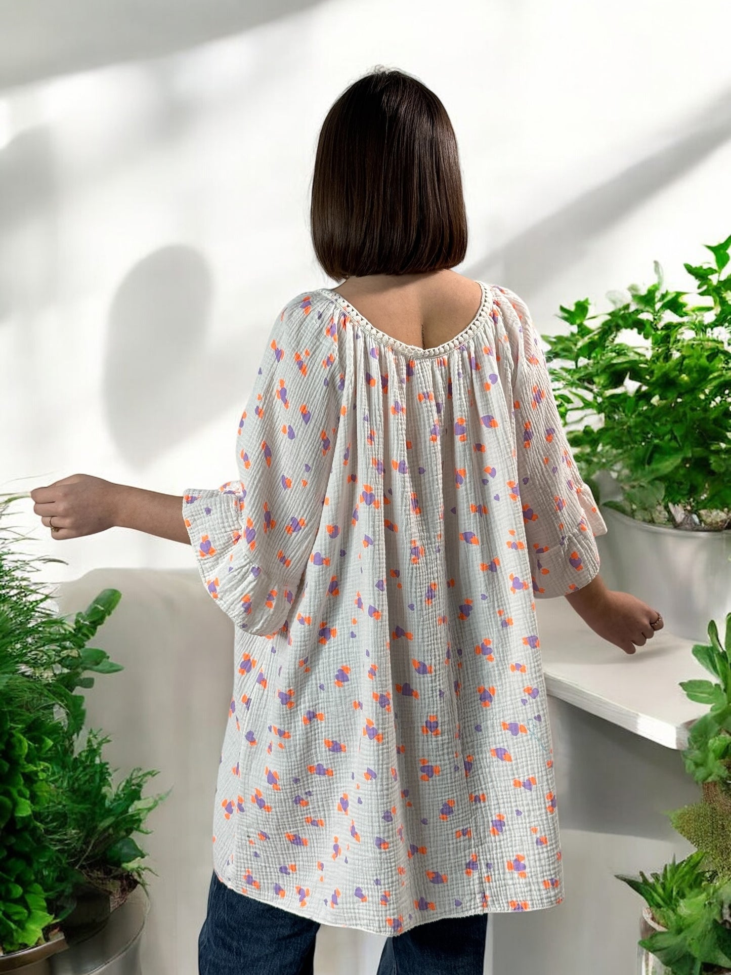 LUCIA - BLOUSE OVERSIZE COEUR LILAS EN COTON JUSQU'A LA TAILLE 56