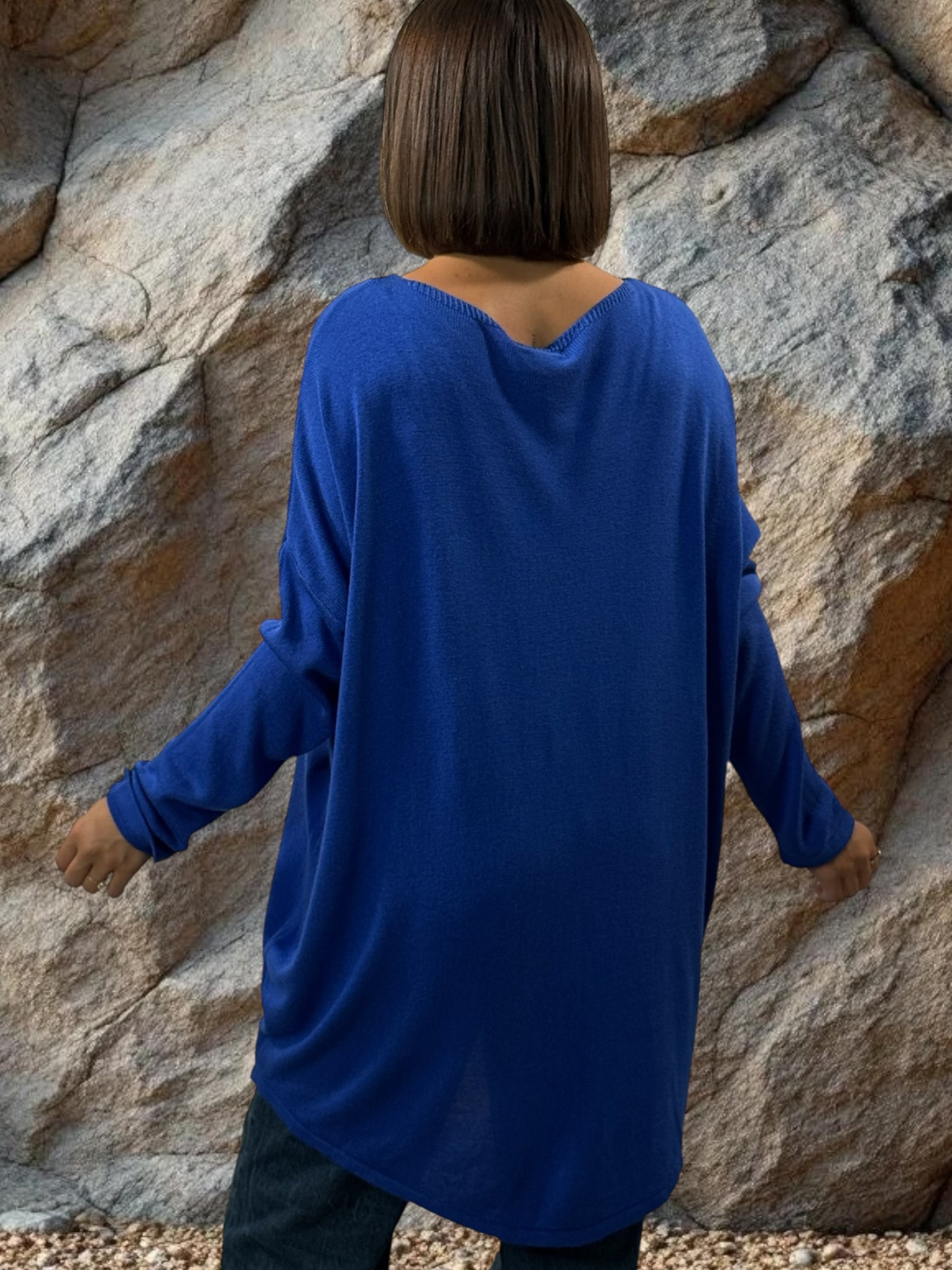 FREEDOM - PULL BLEU EN MAILLE FLUIDE OEIL EN SEQUINS JUSQU'A LA TAILLE 52