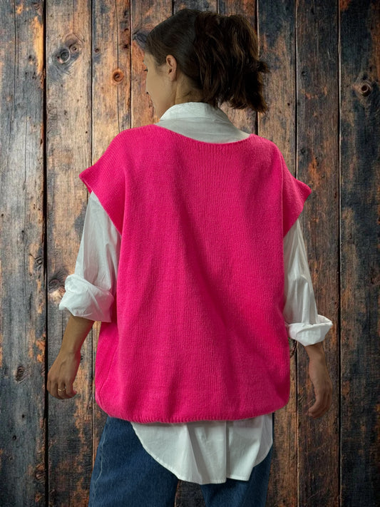 GIANNI - GILET FUCHSIA SANS MANCHE POCHES EN JEAN JUSQU'A LA TAILLE 52