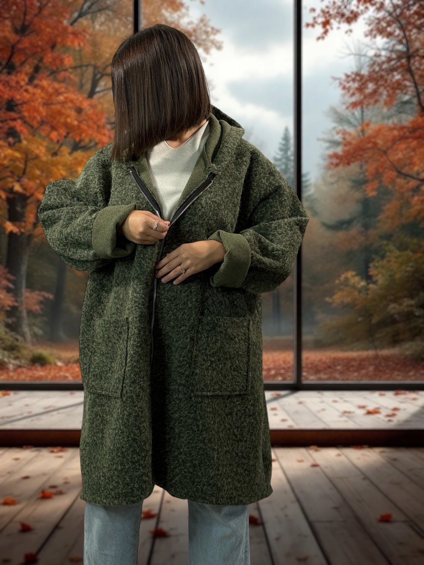 OCEANE - VESTE OVERSIZE KAKI A CAPUCHE JUSQU'A LA TAILLE 54/56
