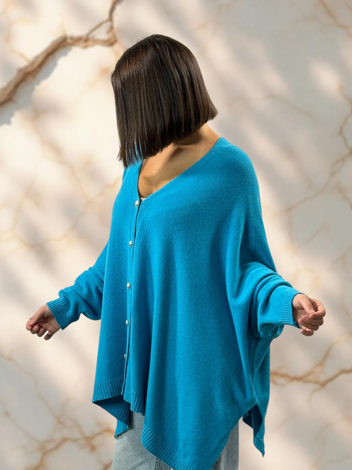 MATHILDE - GILET OVERSIZE BLEU LAGON JUSQU'A LA TAILLE 56/58