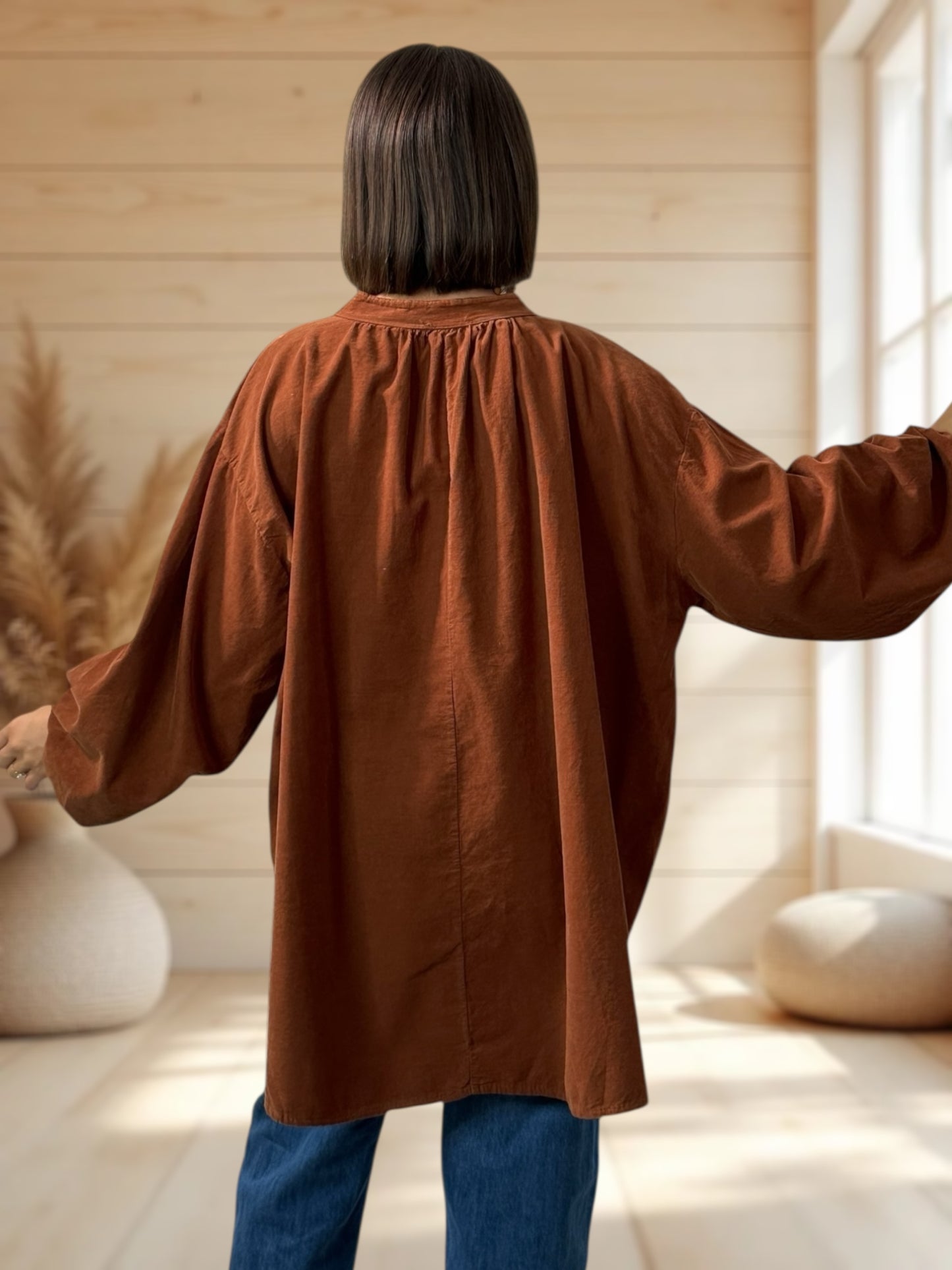 ALICIA - BLOUSE ROUILLE EN VELOURS MILLERAIES OVERSIZE JUSQU'A LA TAILLE 56