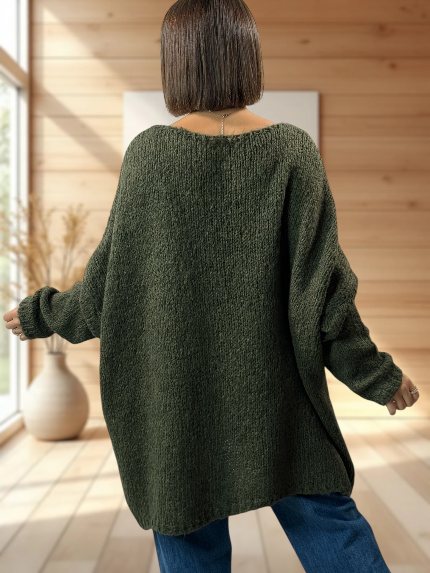 LUCKY - PULL KAKI OVERSIZE PEACE & LOVE JUSQU'A LA TAILLE 56/58