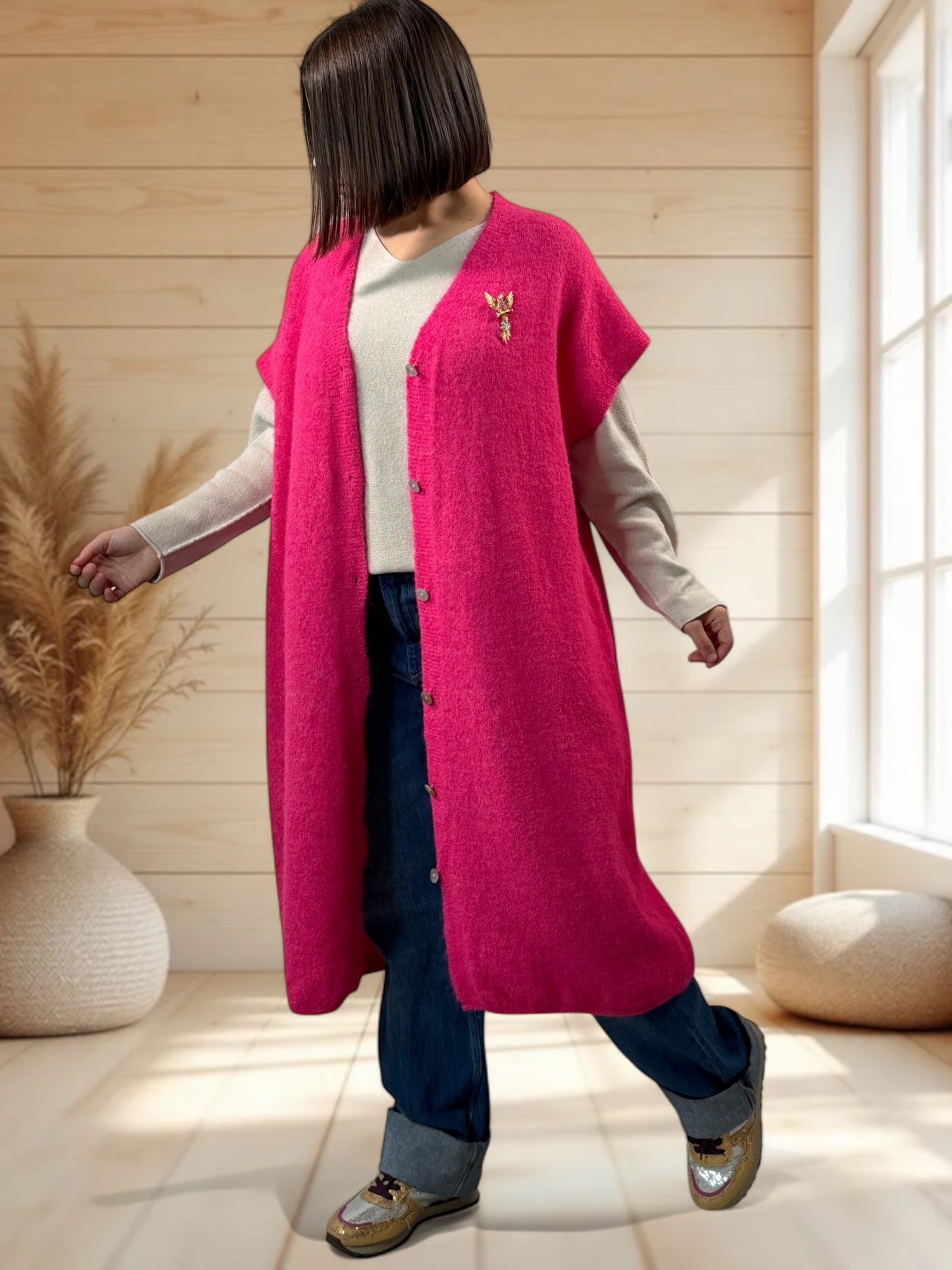 UGO - LONG GILET OVERSIZE FUCHSIA JUSQU'A LA TAILLE 56/58
