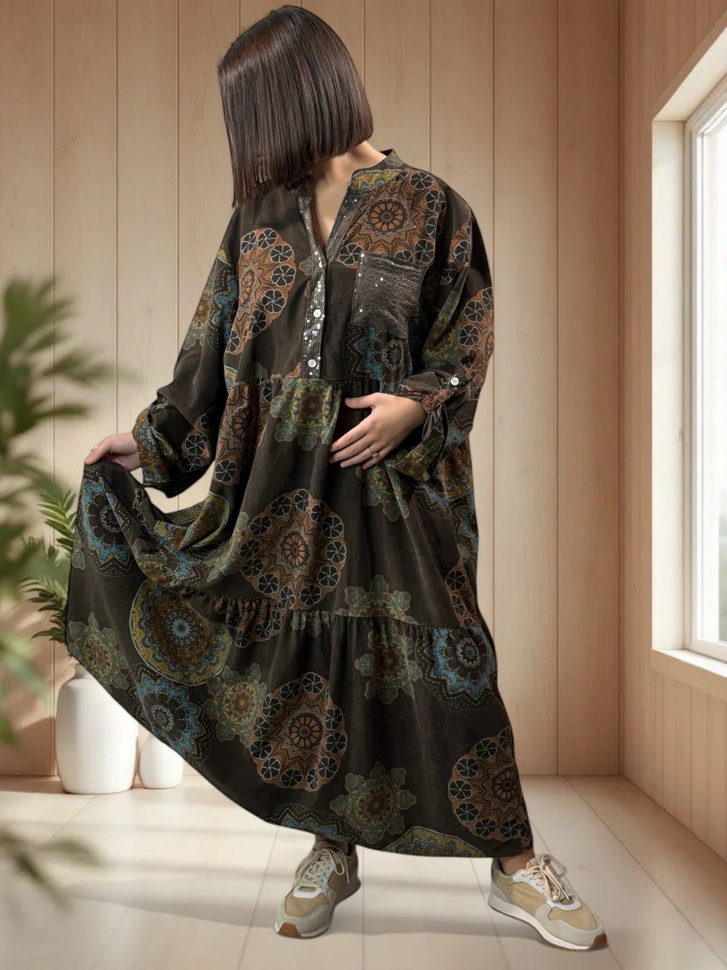 VANINA - ROBE MARRON A MOTIF EN VELOURS JUSQU'A LA TAILLE 52