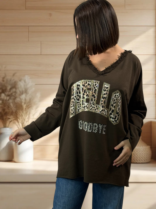 SANTIAGO - TOP MARRON EN COTON LOGO LEOPARD JUSQU'A LA TAILLE 56