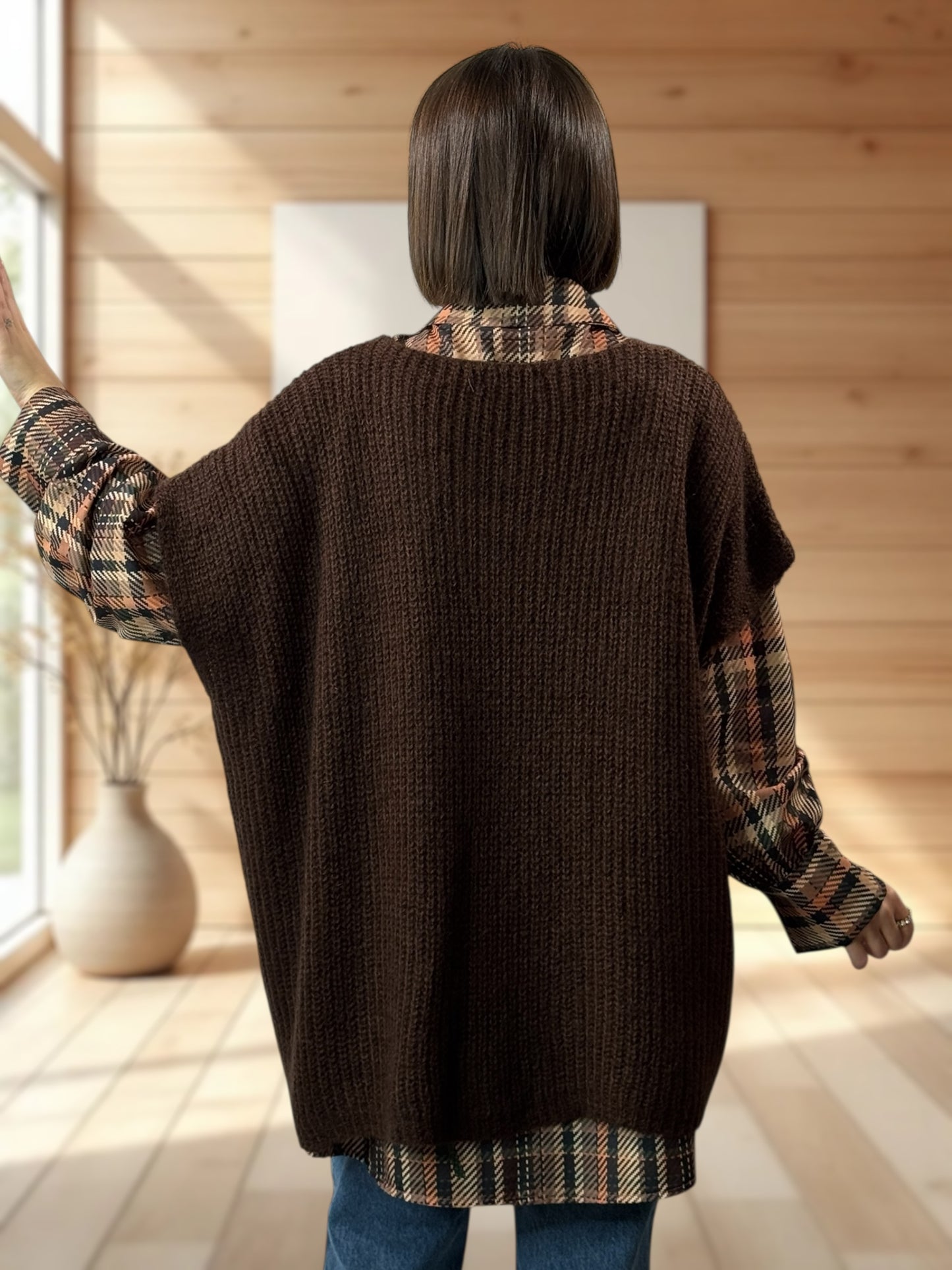 ENZO - PULL MARRON OVERSIZE JUSQU'A LA TAILLE 56