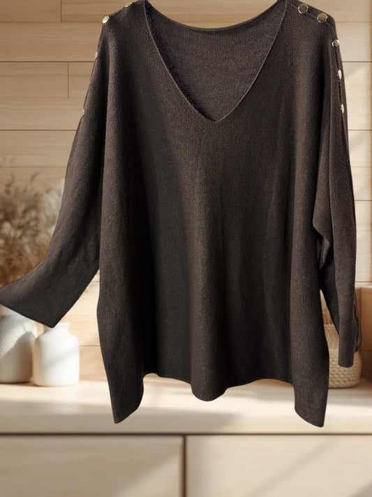 DONNA - PULL OVERSIZE MARRON AVEC BOUTONS DORES JUSQU'A LA TAILLE 52