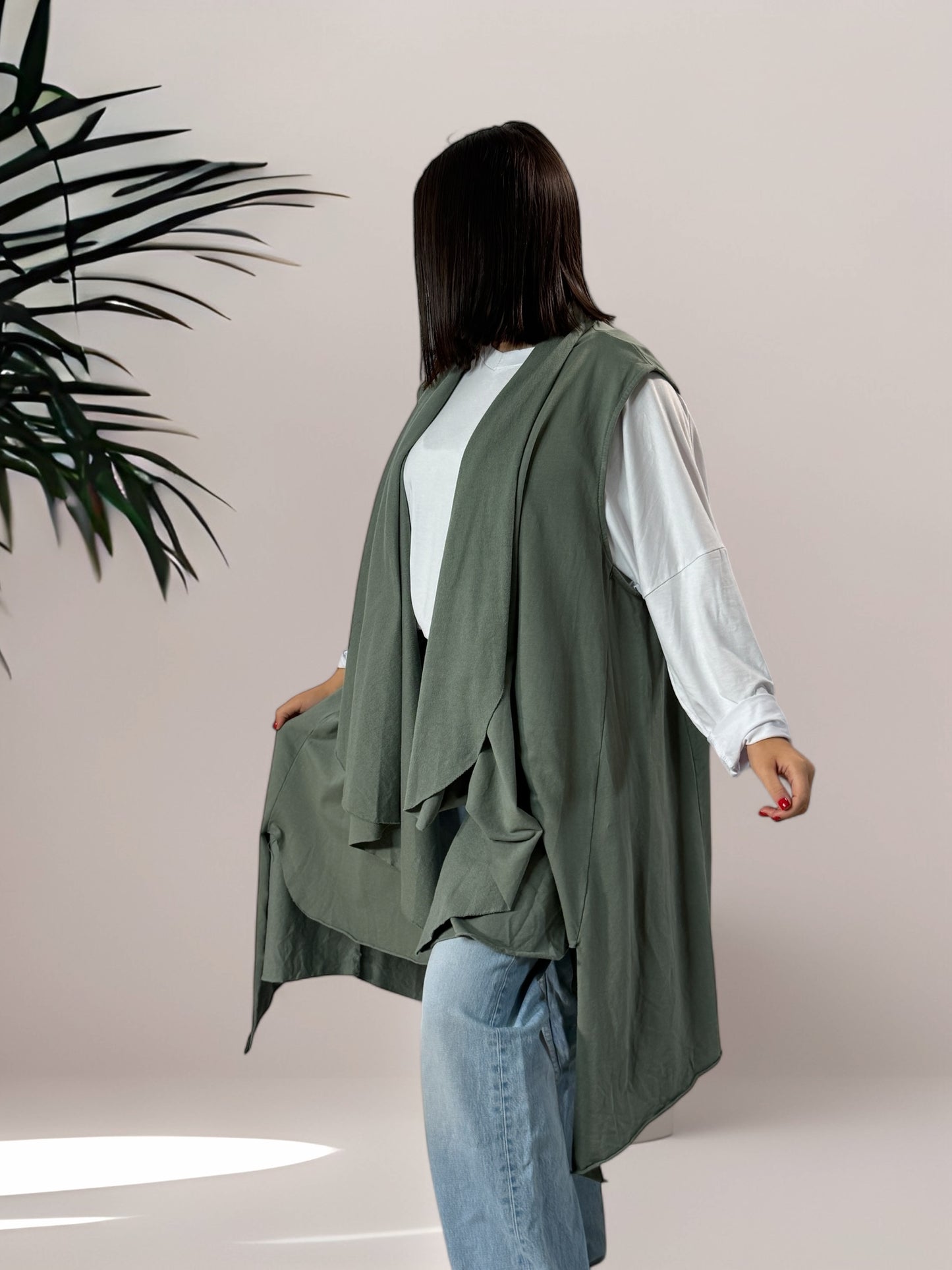 VICTOIRE - LONG GILET KAKI EN COTON JUSQU'A LA TAILLE 60