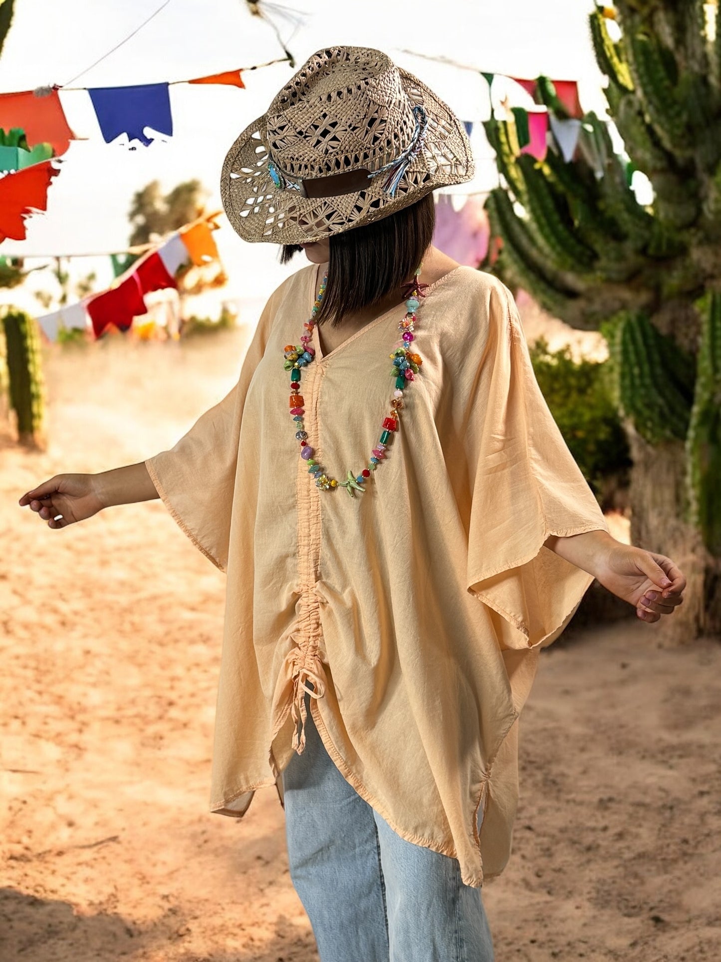 EMILIE - TUNIQUE OVERSIZE ABRICOT EN COTON JUSQU'A LA TAILLE 58