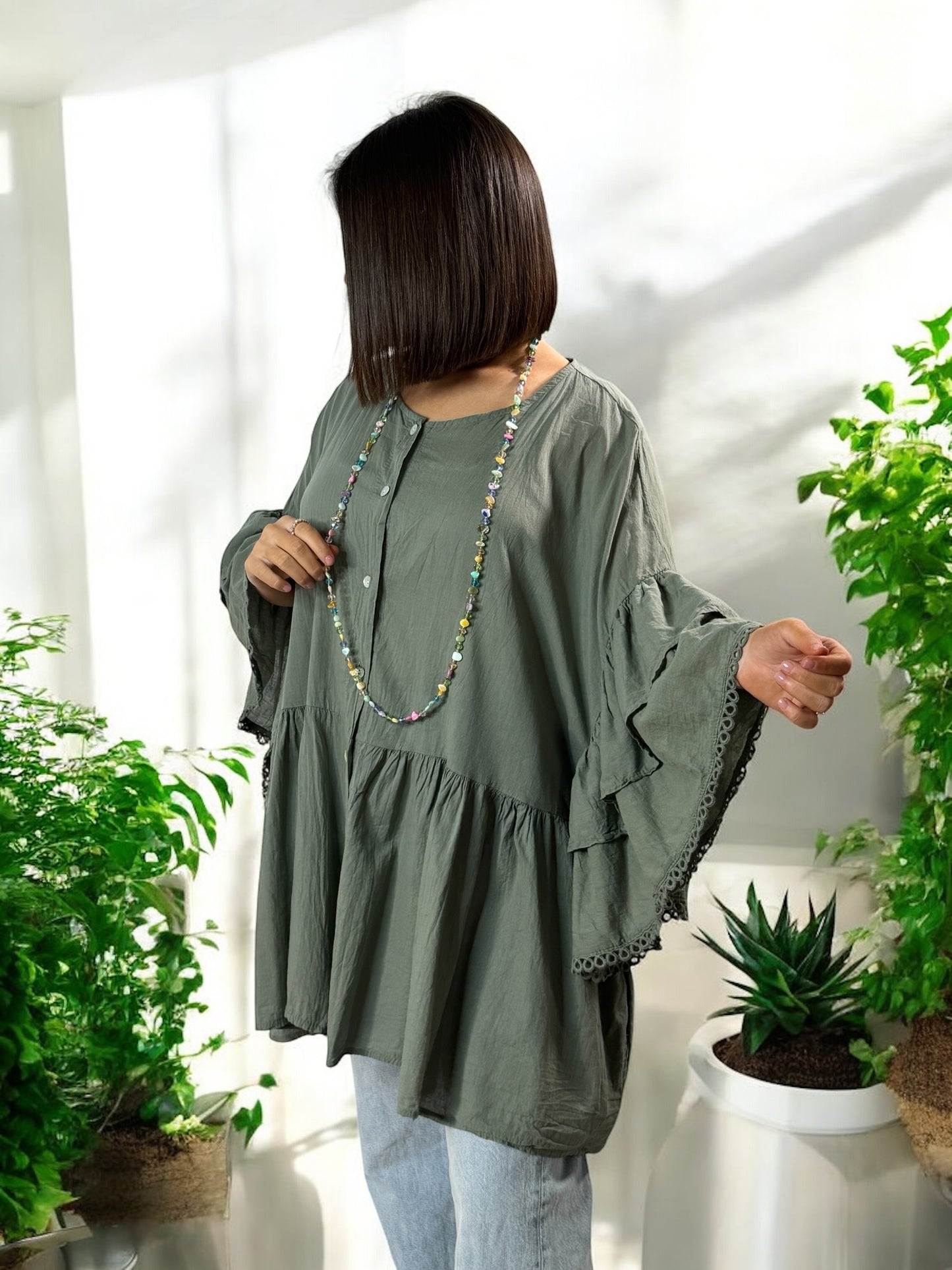 CORALINE - BLOUSE OVERSIZE KAKI EN COTON JUSQU'A LA TAILLE 52/54