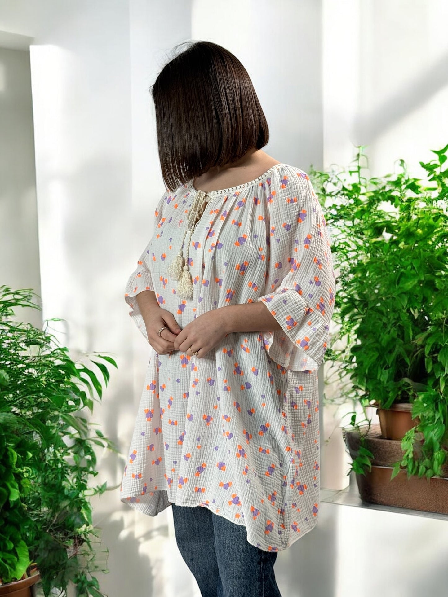 LUCIA - BLOUSE OVERSIZE COEUR LILAS EN COTON JUSQU'A LA TAILLE 56