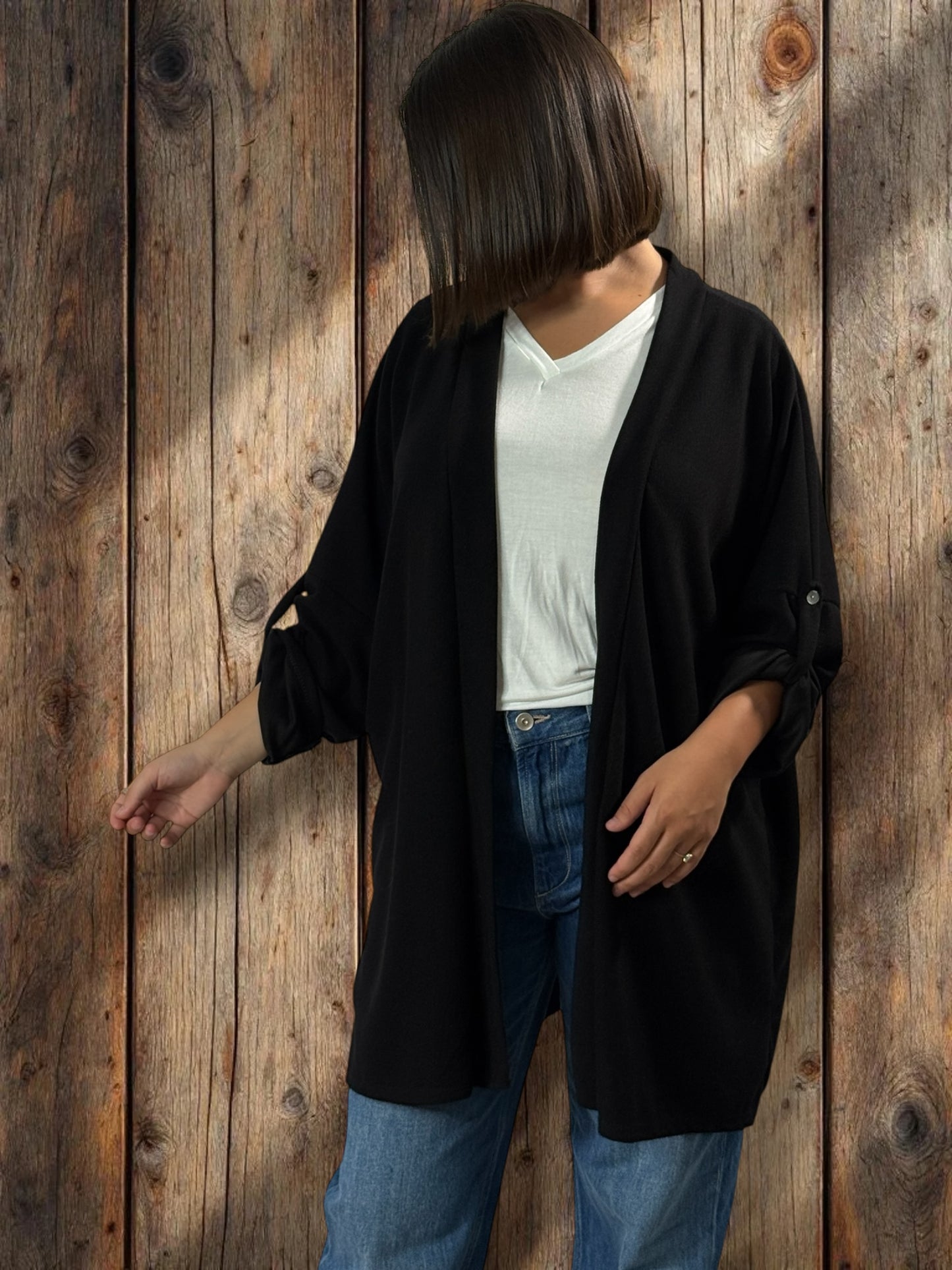 TEDDY - GILET NOIR EN MAILLE OVERSIZE JUSQU'A LA TAILLE 54