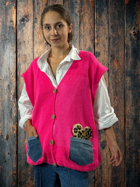 GIANNI - GILET FUCHSIA SANS MANCHE POCHES EN JEAN JUSQU'A LA TAILLE 52