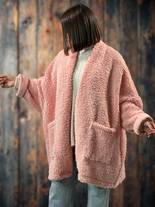 LILIROSE - VESTE OVERSIZE ROSE EN MOUMOUTE JUSQU'A LA TAILLE 56/58