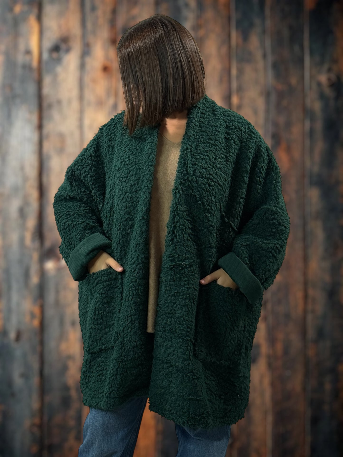 LILIROSE - VESTE OVERSIZE VERTE EN MOUMOUTE JUSQU'A LA TAILLE 56/58