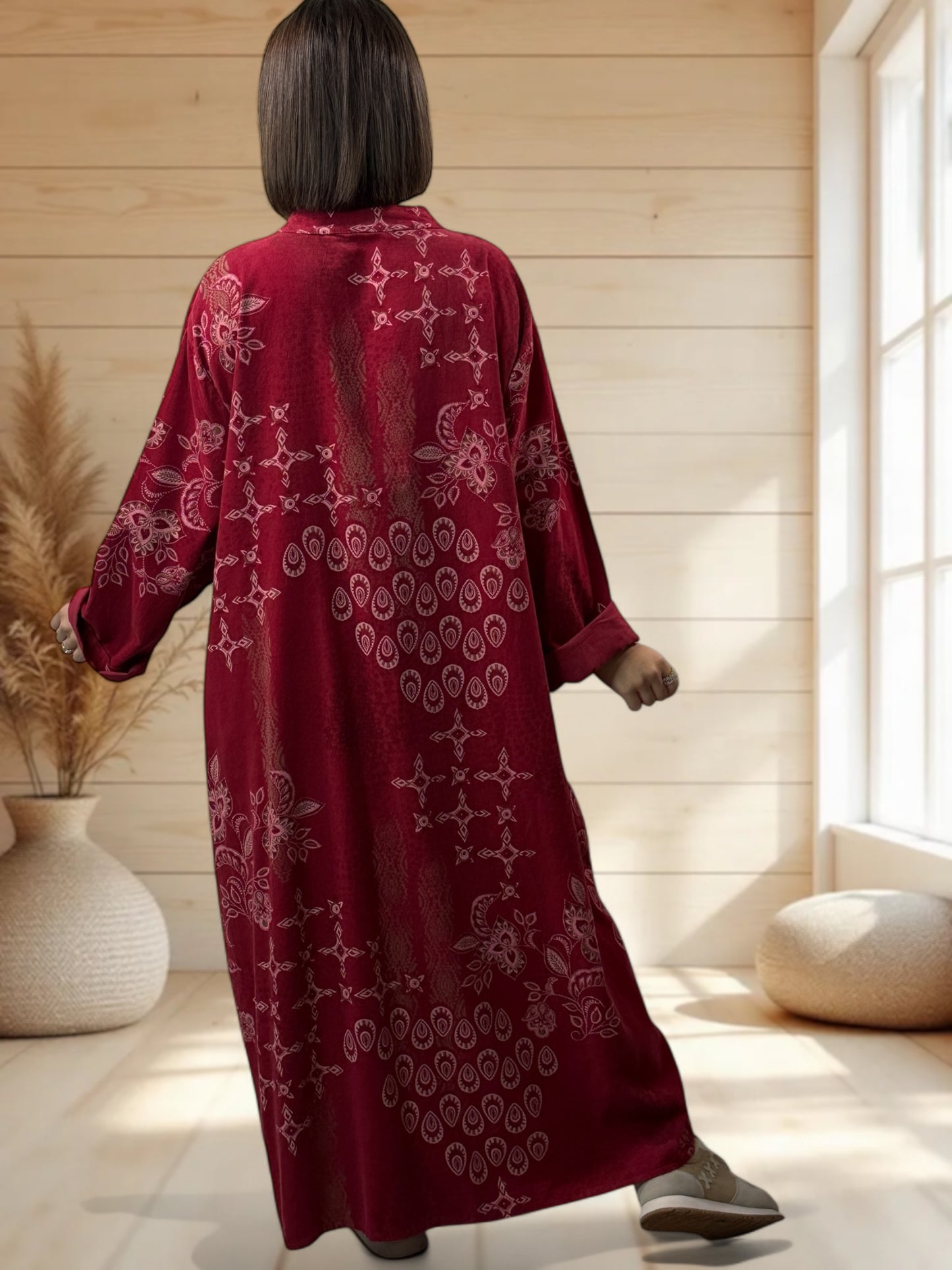 VERONE - ROBE BORDEAUX A MOTIF EN VELOURS JUSQU'A LA TAILLE 52