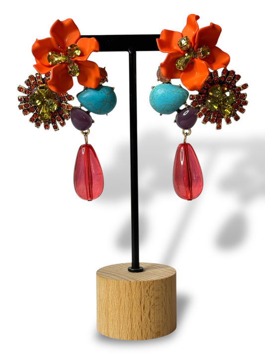 CHAMPAGNE - BOUCLES D'OREILLES FLEUR STRASS