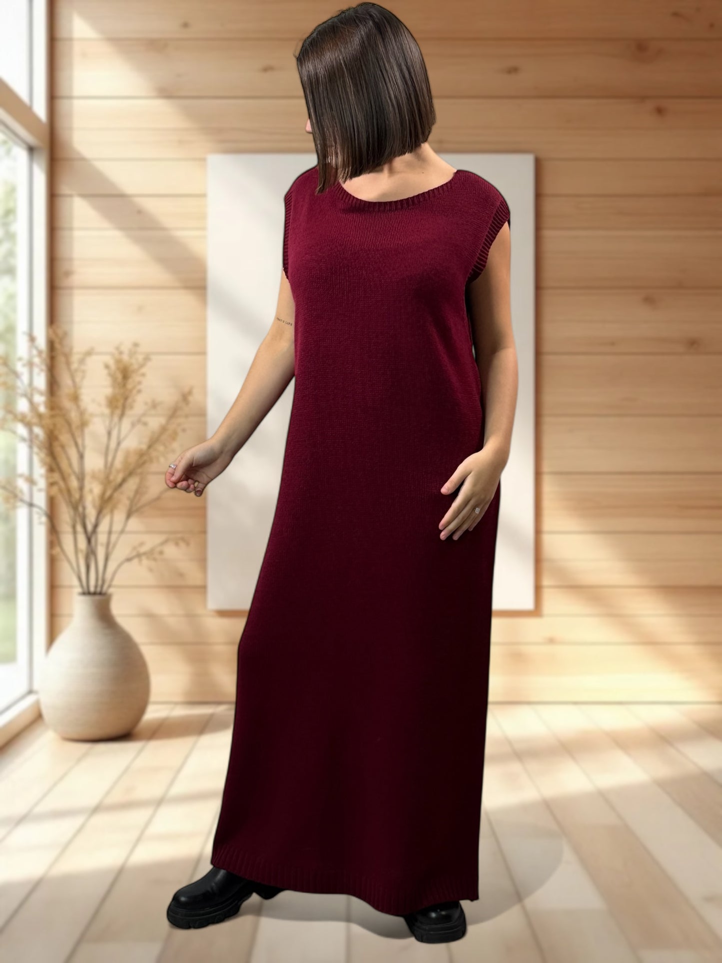 GABRIELA - ENSEMBLE BORDEAUX EN MAILLE ROBE ET GILET JUSQU'A LA TAILLE 48