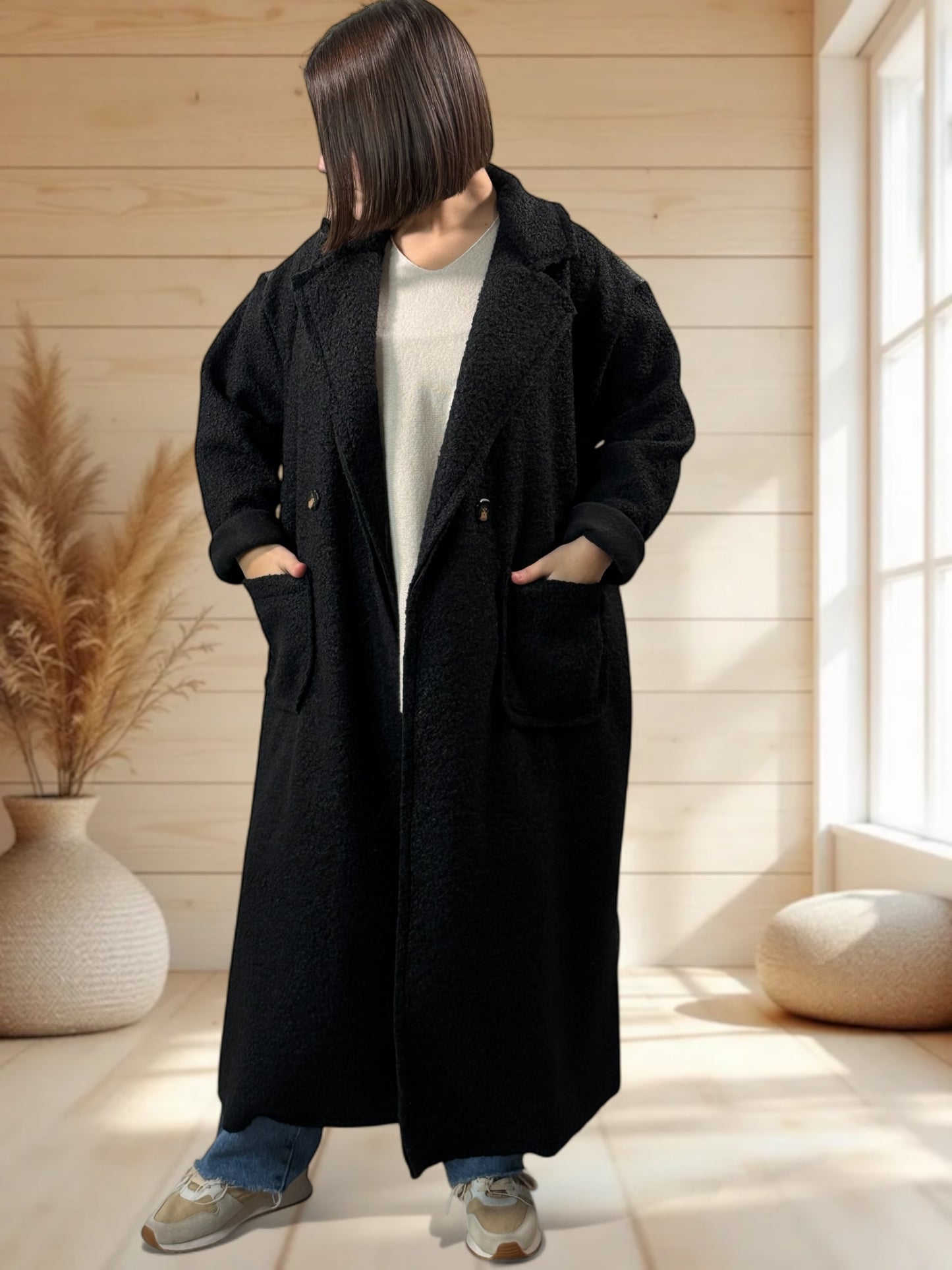 SYLVIO - LONG MANTEAU NOIR JUSQU'A LA TAILLE 54