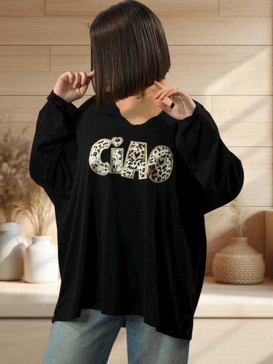 CIAO - PULL NOIR EN MAILLE FLUIDE JUSQU'A LA TAILLE 54/56