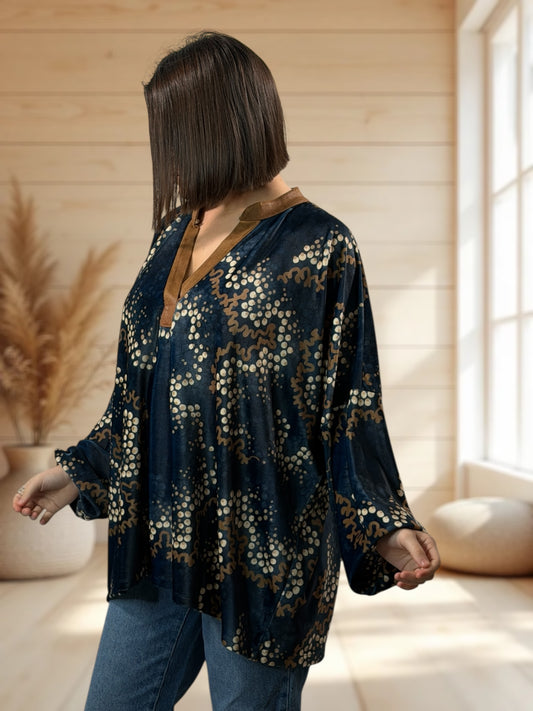 MOLLY - TUNIQUE BLEUE A MOTIF EN VELOURS STRETCH JUSQU'A LA TAILLE 56