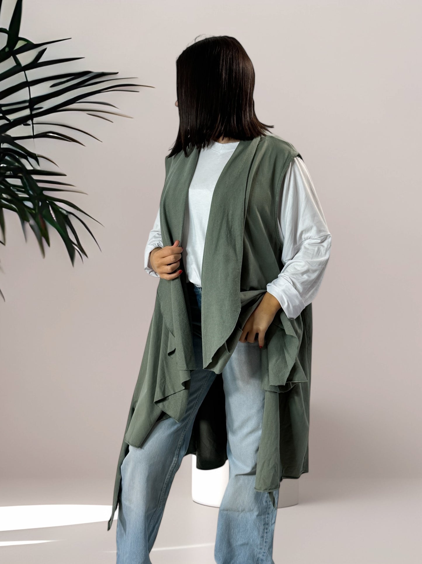 VICTOIRE - LONG GILET KAKI EN COTON JUSQU'A LA TAILLE 60