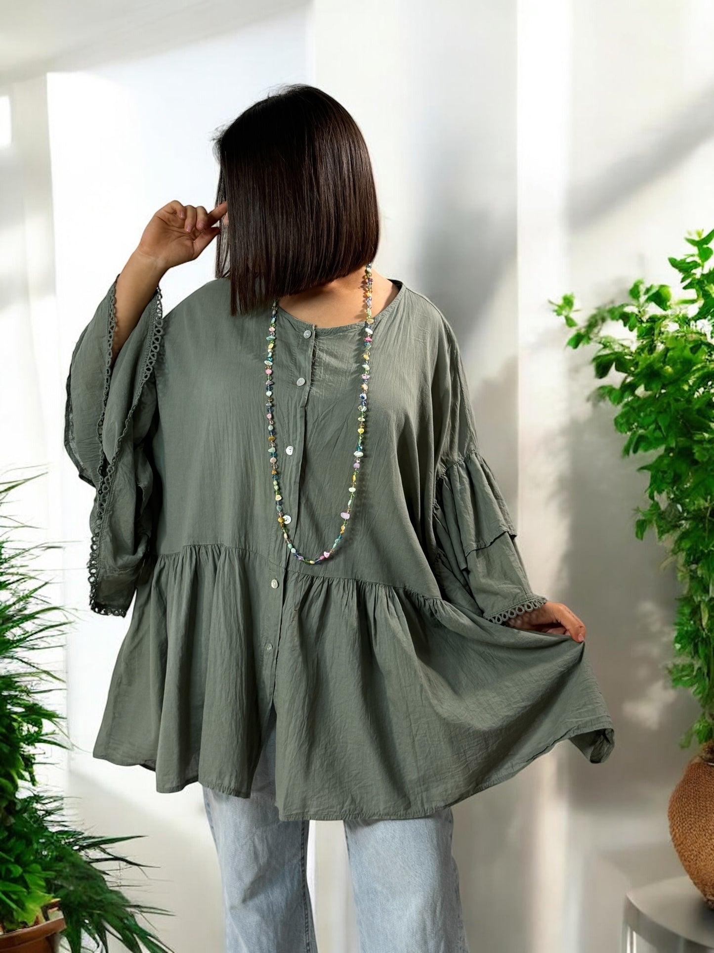 CORALINE - BLOUSE OVERSIZE KAKI EN COTON JUSQU'A LA TAILLE 52/54