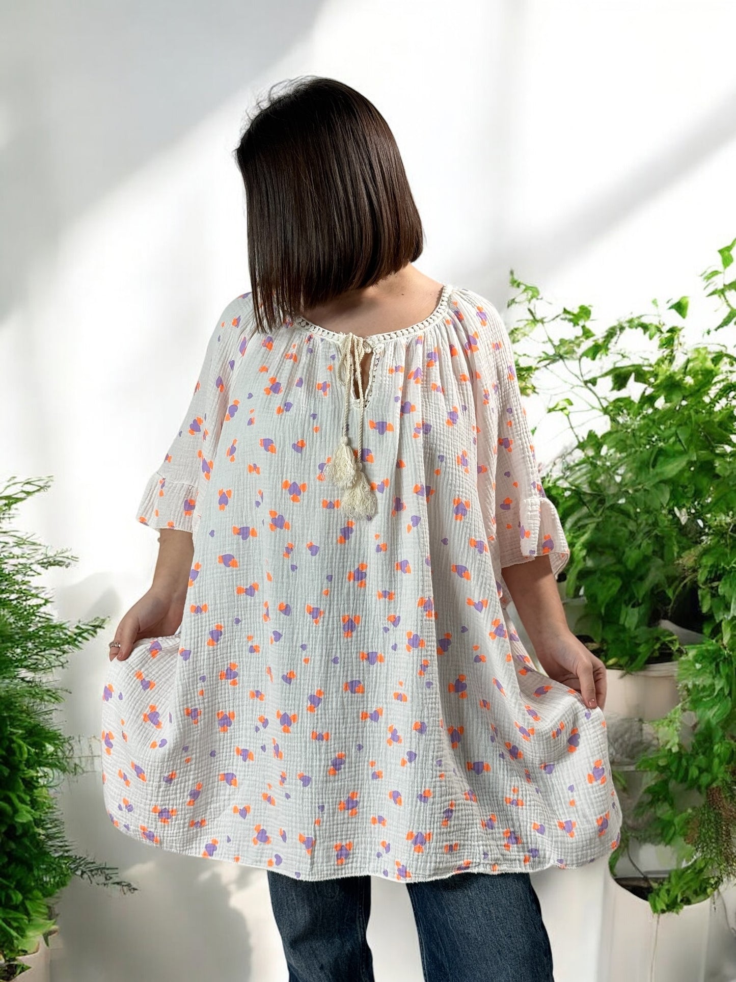 LUCIA - BLOUSE OVERSIZE COEUR LILAS EN COTON JUSQU'A LA TAILLE 56
