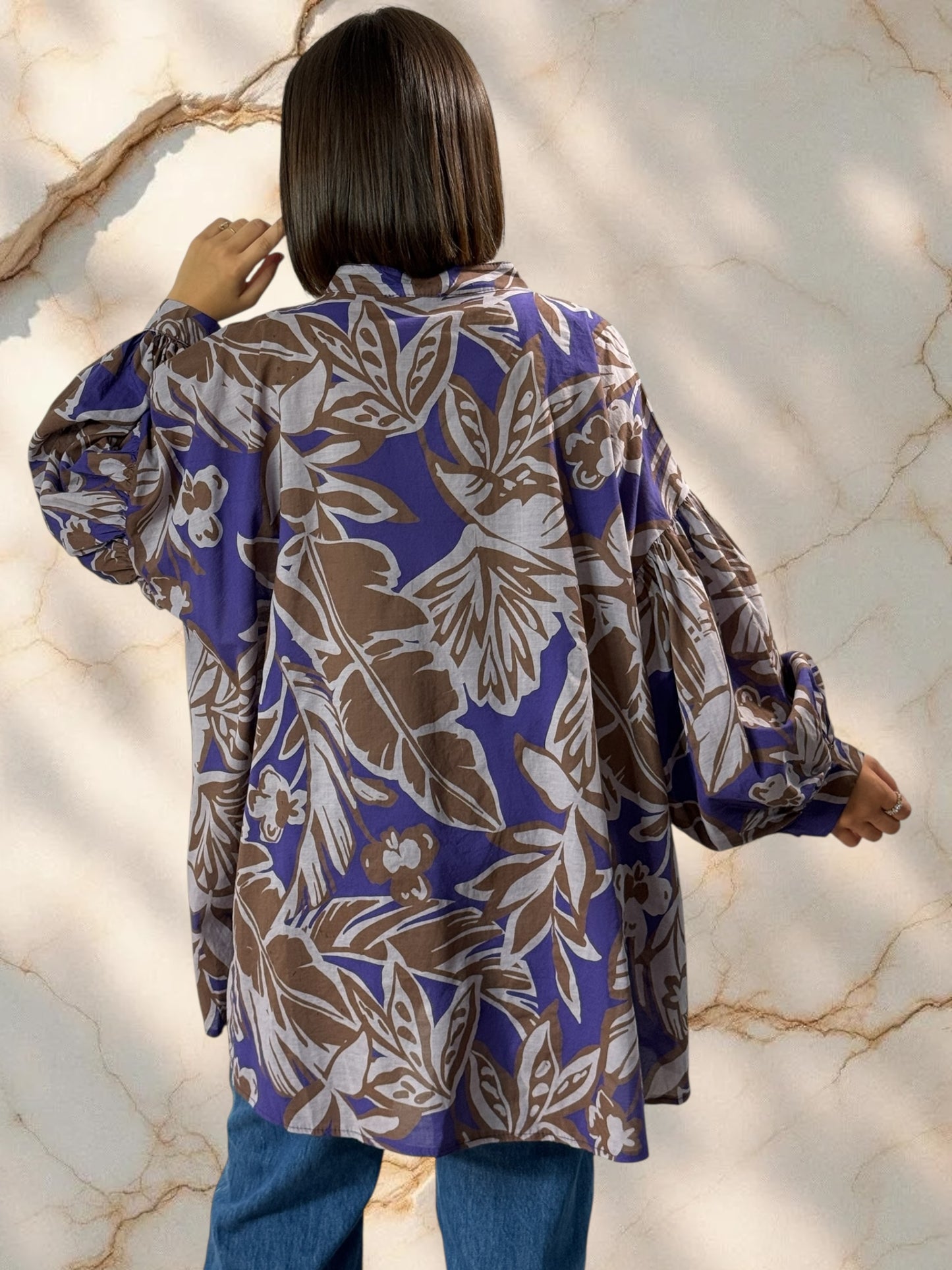 MARIKA - BLOUSE MOTIF VIOLET EN COTON OVERSIZE JUSQU'A LA TAILLE 52/54