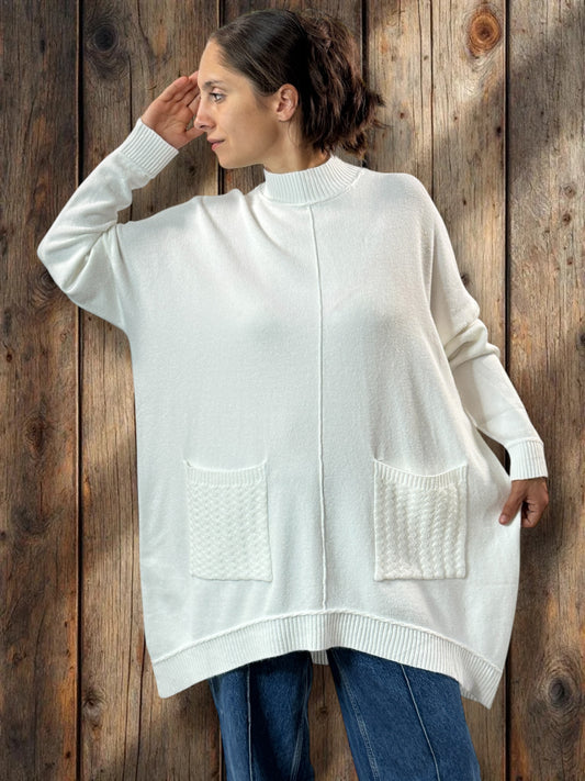 PATOU - PULL BLANC CASSE 2 POCHES JUSQU'A LA TAILLE 54