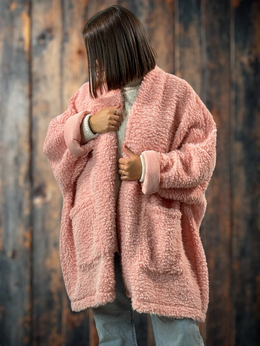 LILIROSE - VESTE OVERSIZE ROSE EN MOUMOUTE JUSQU'A LA TAILLE 56/58