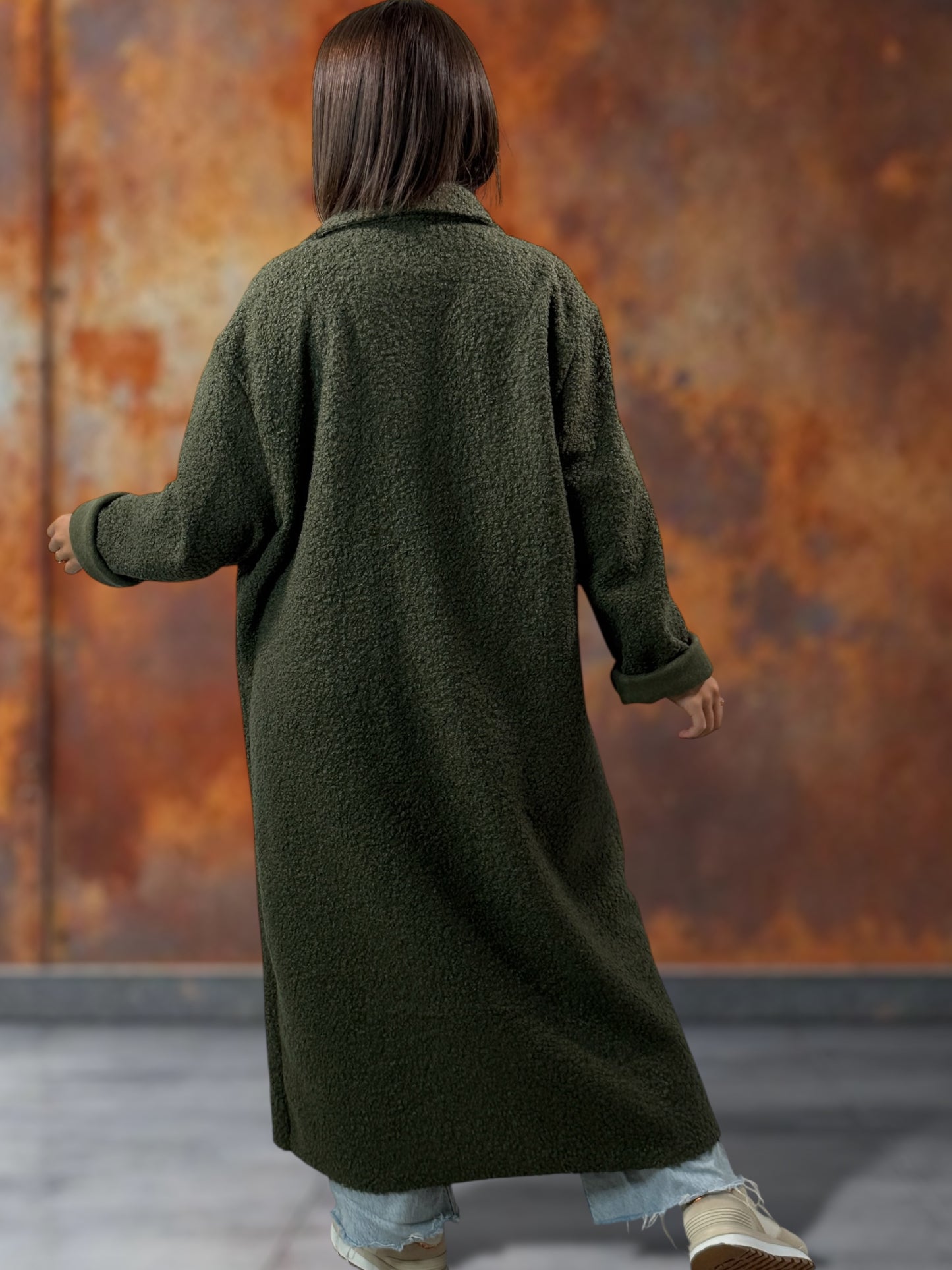 JULIEN - LONG MANTEAU KAKI EN BOUCLETTE JUSQU'A LA TAILLE 50/52